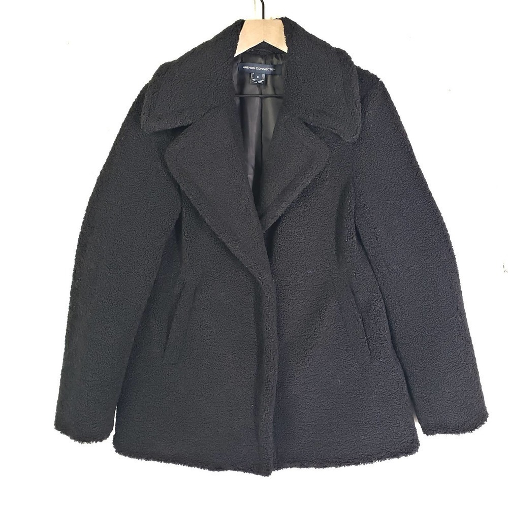 French‎ Connection Faux Shearling Teddy Midi Coat S Black Jacket